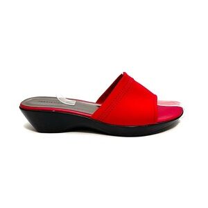 Vintage Y2K deadstock red fabric vegan leather platform wedge slide sandals